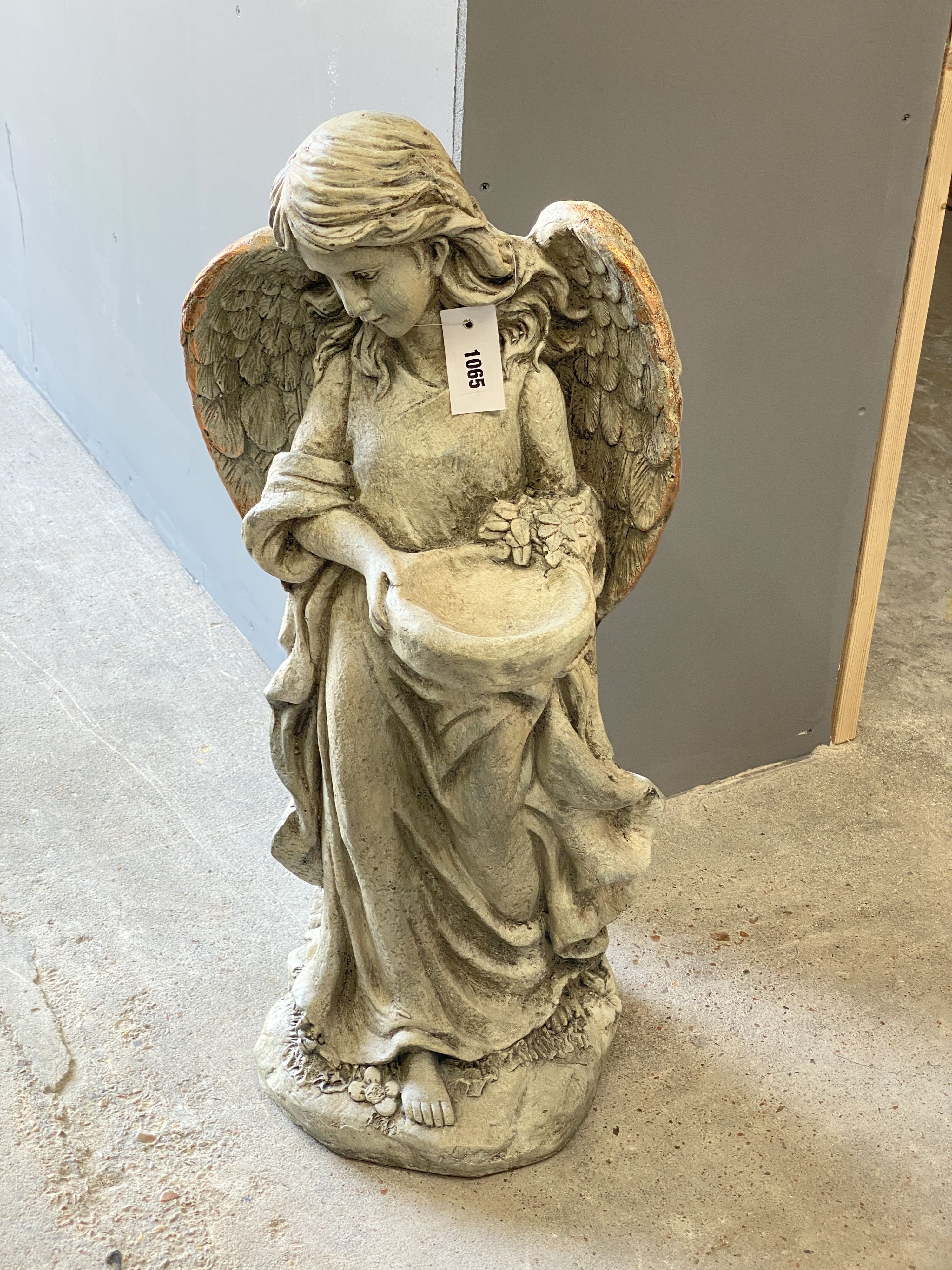 A fibre clay parcel gilt 'Angel' garden birdbath, height 79cm